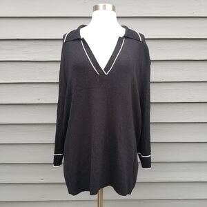 Vintage 90s y2k A.L.C Stretchy Varsity Style Knit V-Neck Collared Sweater Top 2X